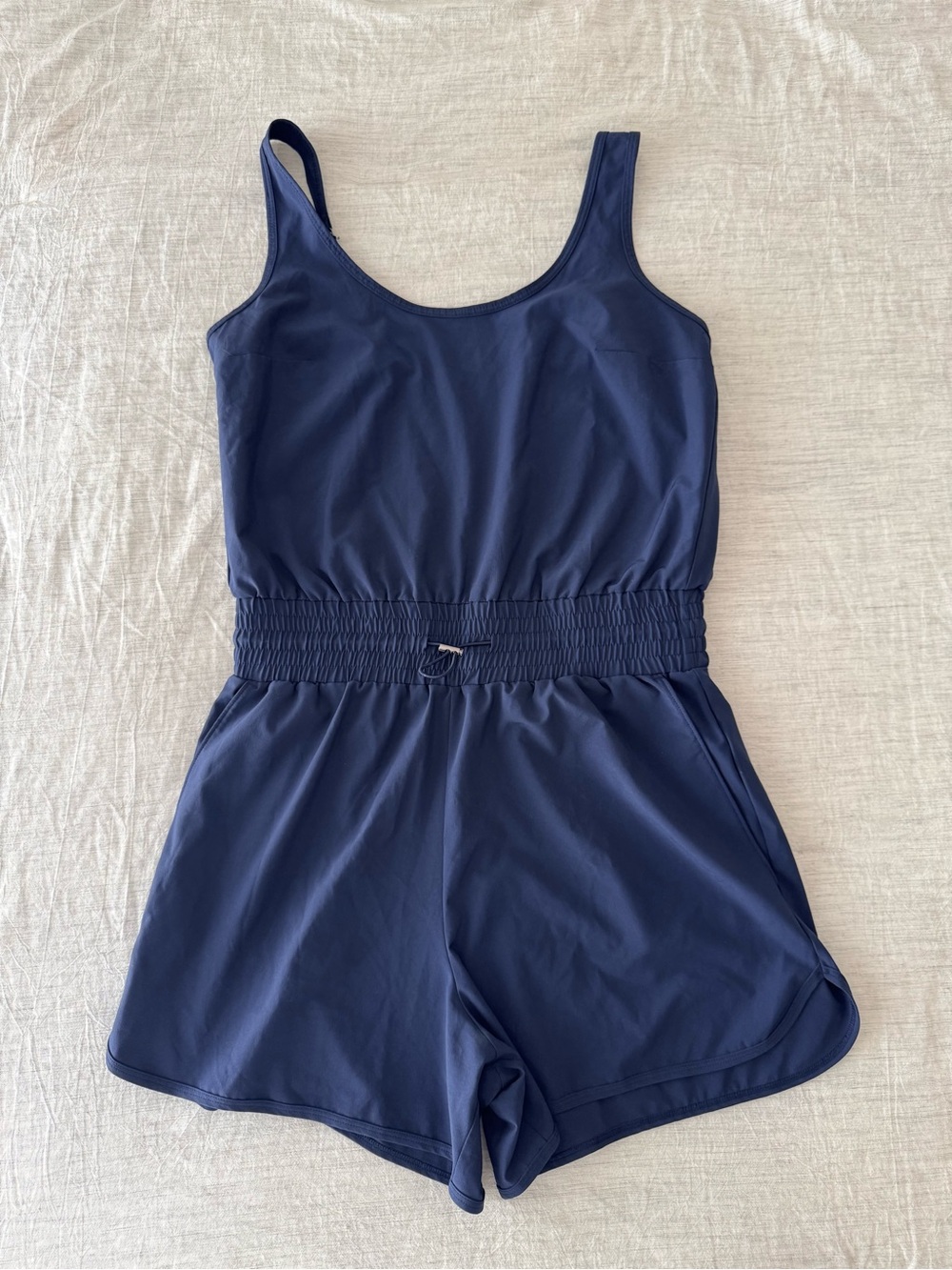 YPB Womens Navy Blue Smocked-Waist Athletic Active Romper Jumper